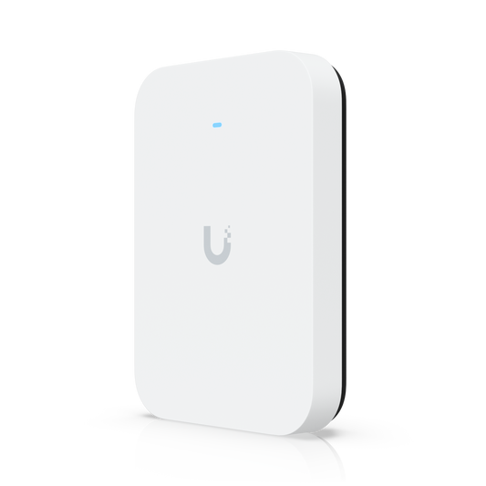 Ubiquiti U7-Pro-XG-Wall UniFi U7 Pro XG Wall three-quarter front view showing the side profile and illuminated status LED