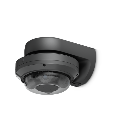 Ubiquiti UACC-AI-MS-4-AM-B UniFi AI Multi Sensor 4 black camera arm mount with attached dome camera, viewed from below.
