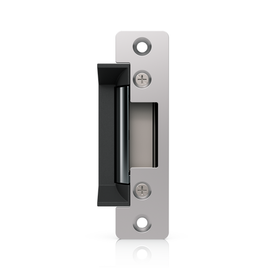 Ubiquiti UACC-Lock-Strike-Safe-15mm UniFi Standard 15mm Fail-Safe Strike Lock, front view showing latch keeper and countersunk mounting holes