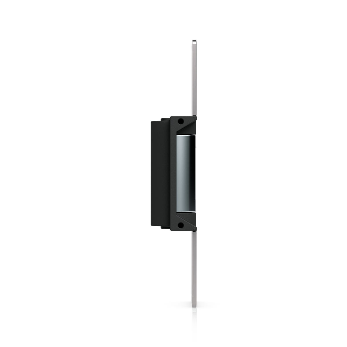 Ubiquiti UACC-Lock-Strike-Secure-15mm UniFi Standard Fail-Secure Strike Lock opposite narrow side profile showing the faceplate edge, enclosed housing and keeper opening.