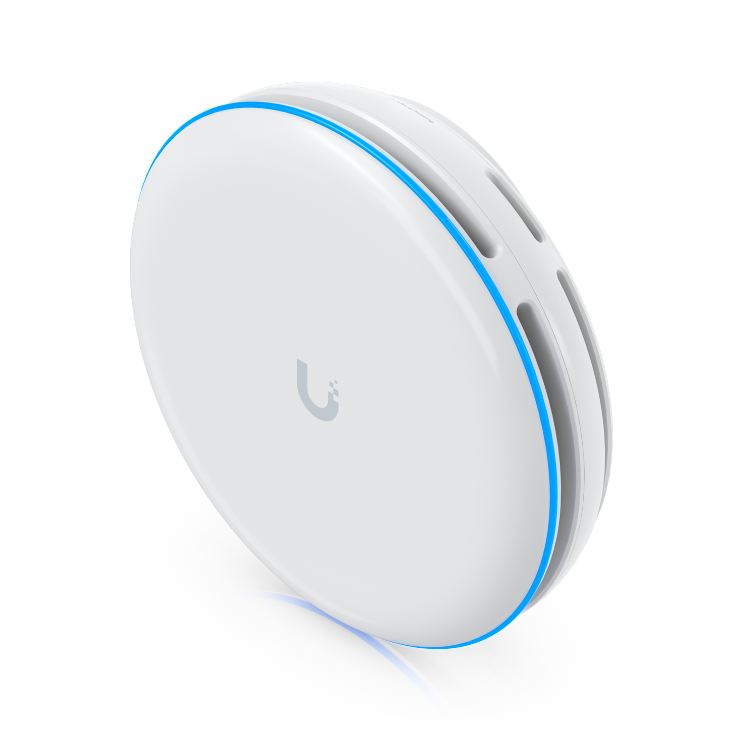 Three-quarter front view of Ubiquiti UBB-XG UniFi Building Bridge XG with side vents and blue alignment LED ring