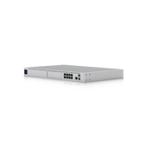 Ubiquiti UDM-Pro UniFi Dream Machine Pro 10G Cloud Gateway shown in a three-quarter view with visible ports and connection sockets.
