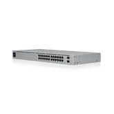 Ubiquiti USW-24-POE UniFi Standard 24 PoE Layer 2 Switch shown in a front view with visible ports and connection sockets.