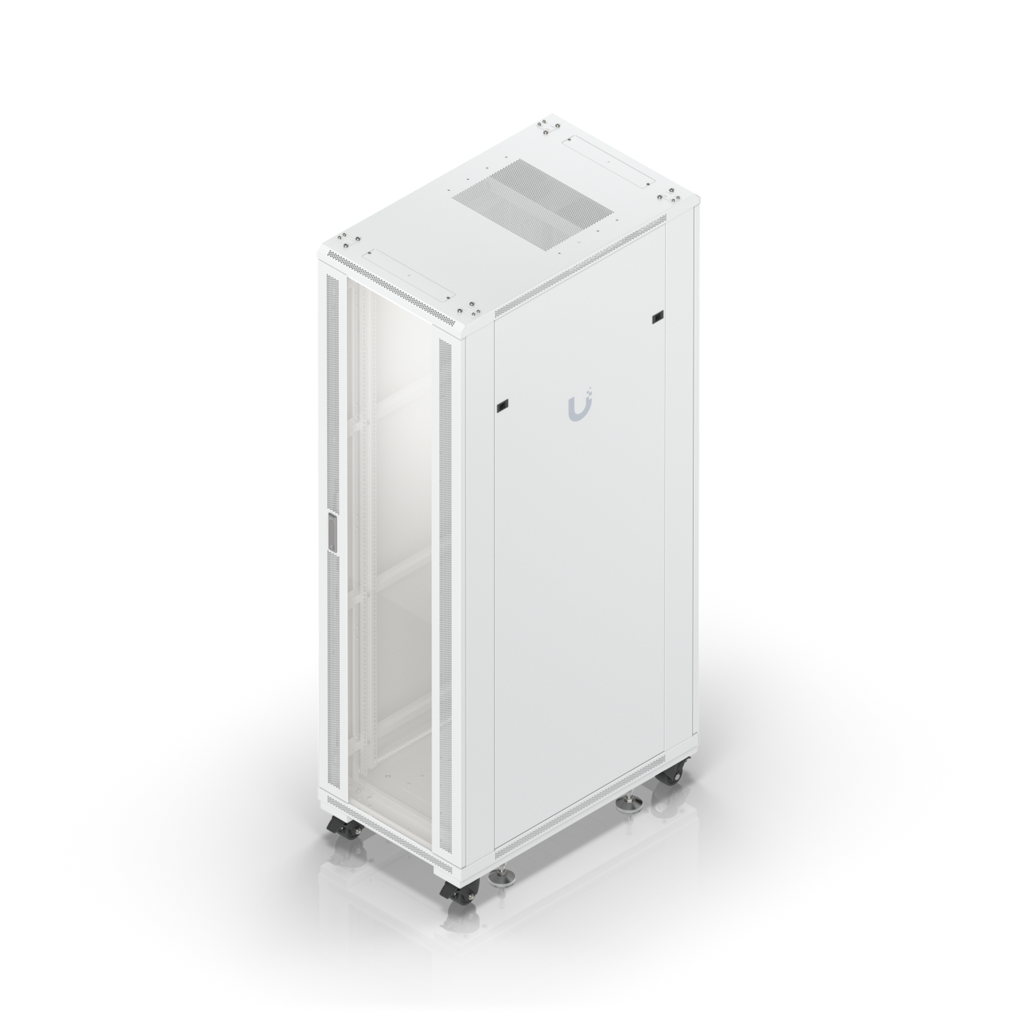 High-angle front view of Ubiquiti UACC-Rack-42U cabinet with glass door, solid side panel and caster wheels