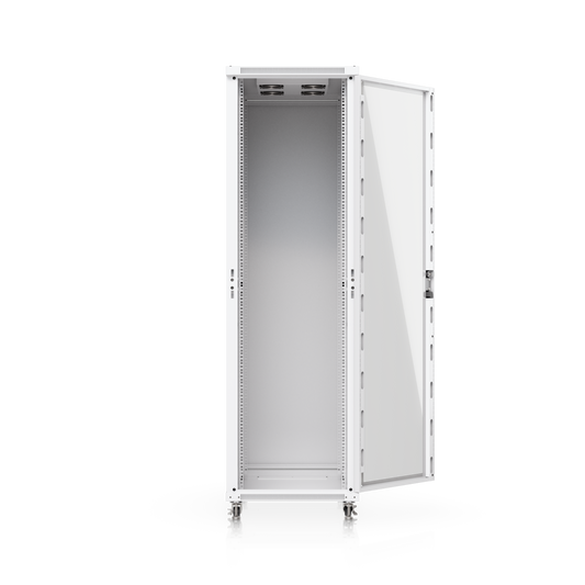 Ubiquiti UACC-Rack-42U-1000-G UniFi 42U rack cabinet with glass front door open showing internal mounting rails