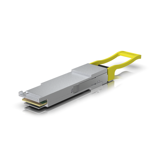 Ubiquiti UACC-OM-QSFP28-PSM4 UniFi 100G PSM4 single-mode optical module, angled underside view with metal housing and yellow pull tab