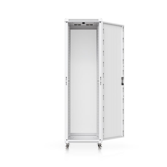 Ubiquiti UACC-Rack-42U-800-P cabinet with perforated front door open, showing internal rack rails