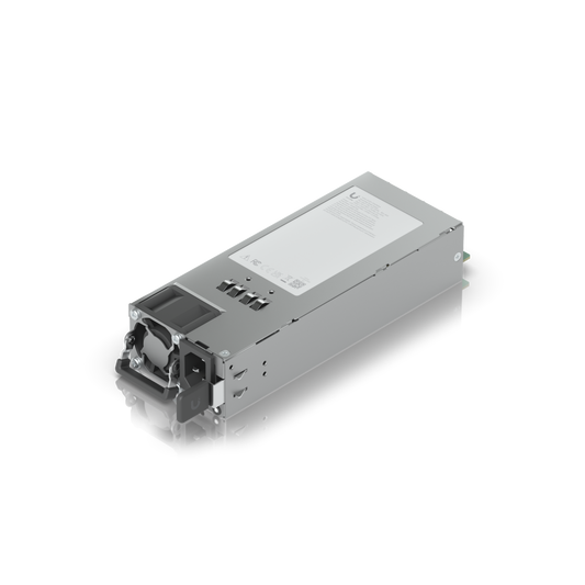 Ubiquiti UACC-PSU-12V-150W UniFi 150W hot-swappable power module, angled view showing cooling fan, IEC power inlet and top label