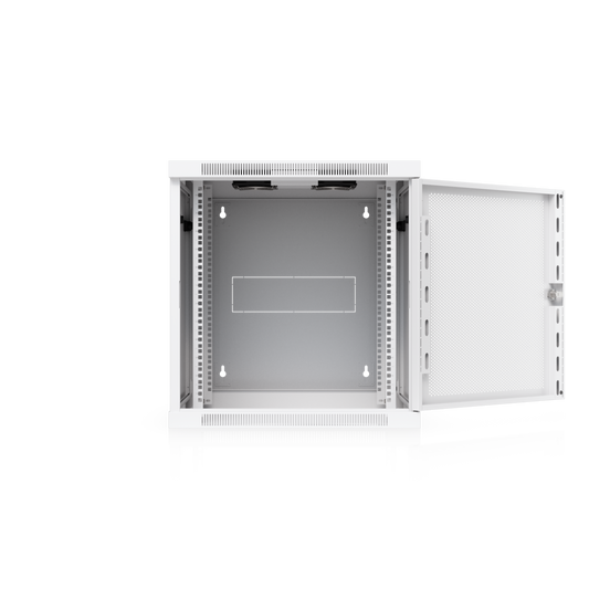 Ubiquiti UACC-Rack-12U-Wall-SW-P UniFi Swing 12U Rack Cabinet with perforated front door open, showing internal rack rails