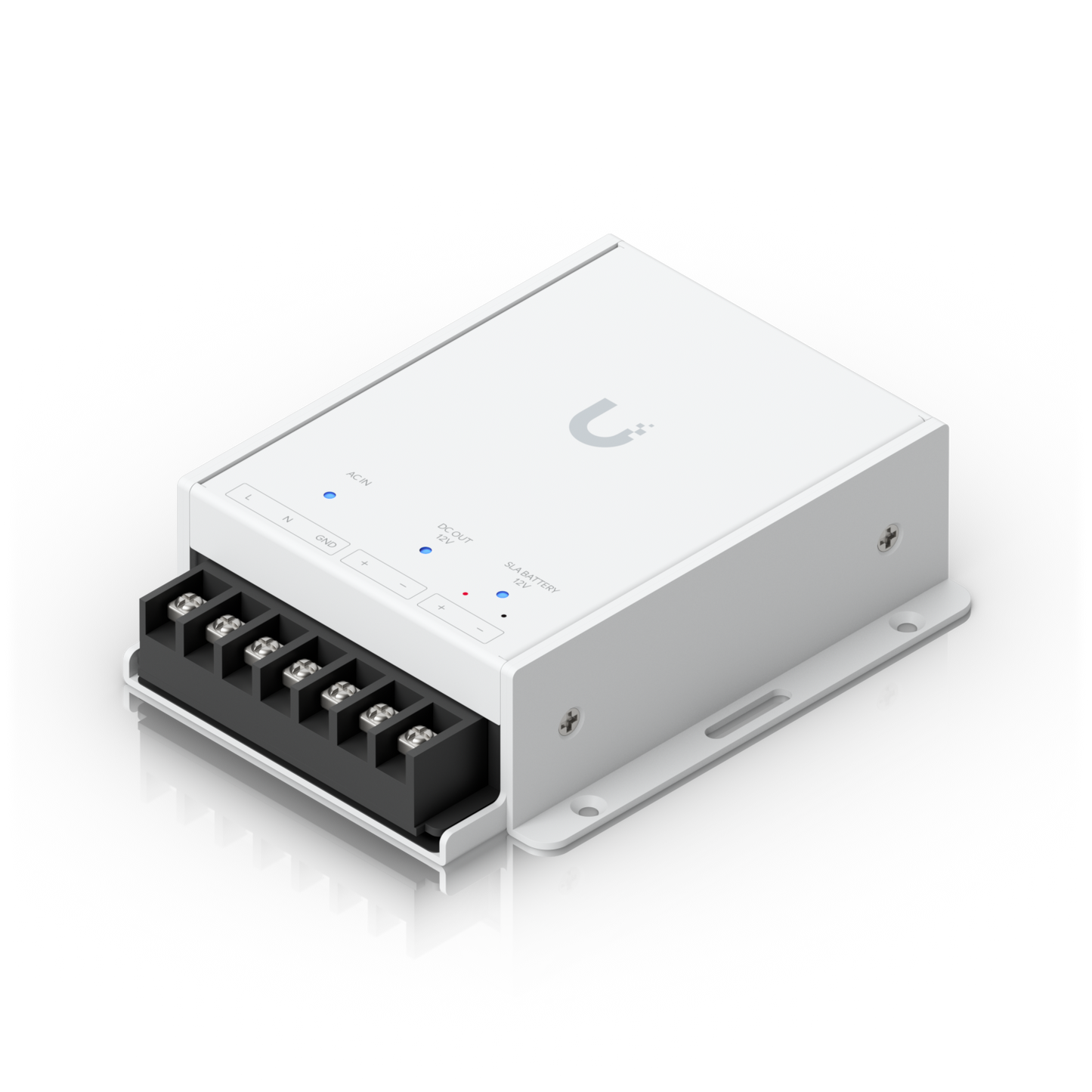 Ubiquiti UniFi Retrofit PSU 12V top angled view with AC input, DC output and SLA battery terminals