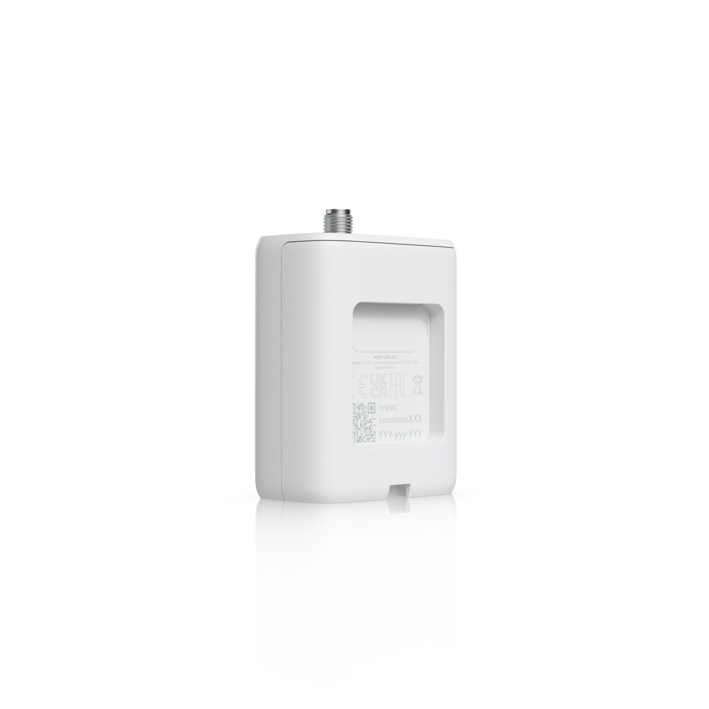 Angled front view of the Ubiquiti UniFi UDB-IoT Device Bridge IoT with blue signal indicator LEDs