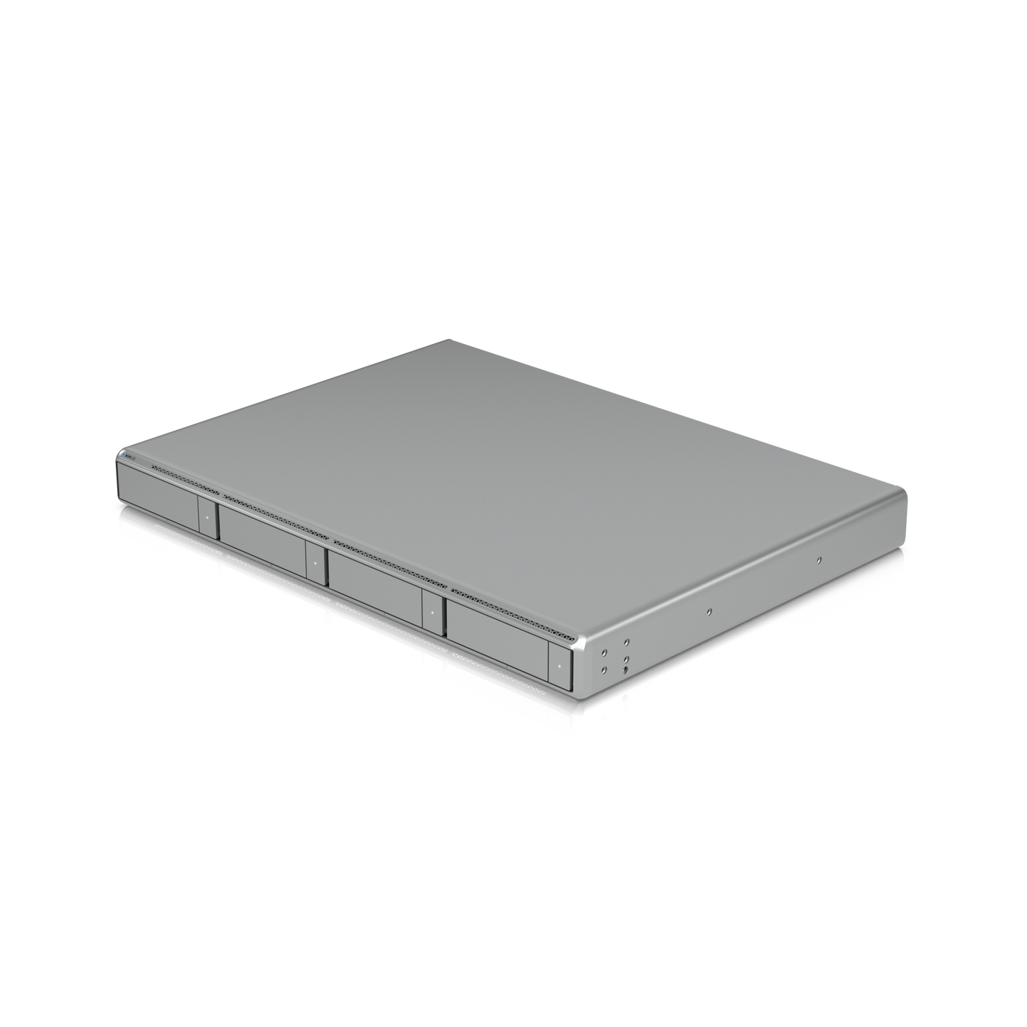 Elevated front perspective of the Ubiquiti UniFi Network Video Recorder G2 and its four-bay rackmount enclosure
