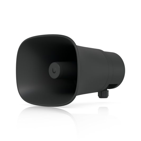 Front three-quarter view of the Ubiquiti UniFi UP-AI-Horn-Speaker in black with integrated cable gland