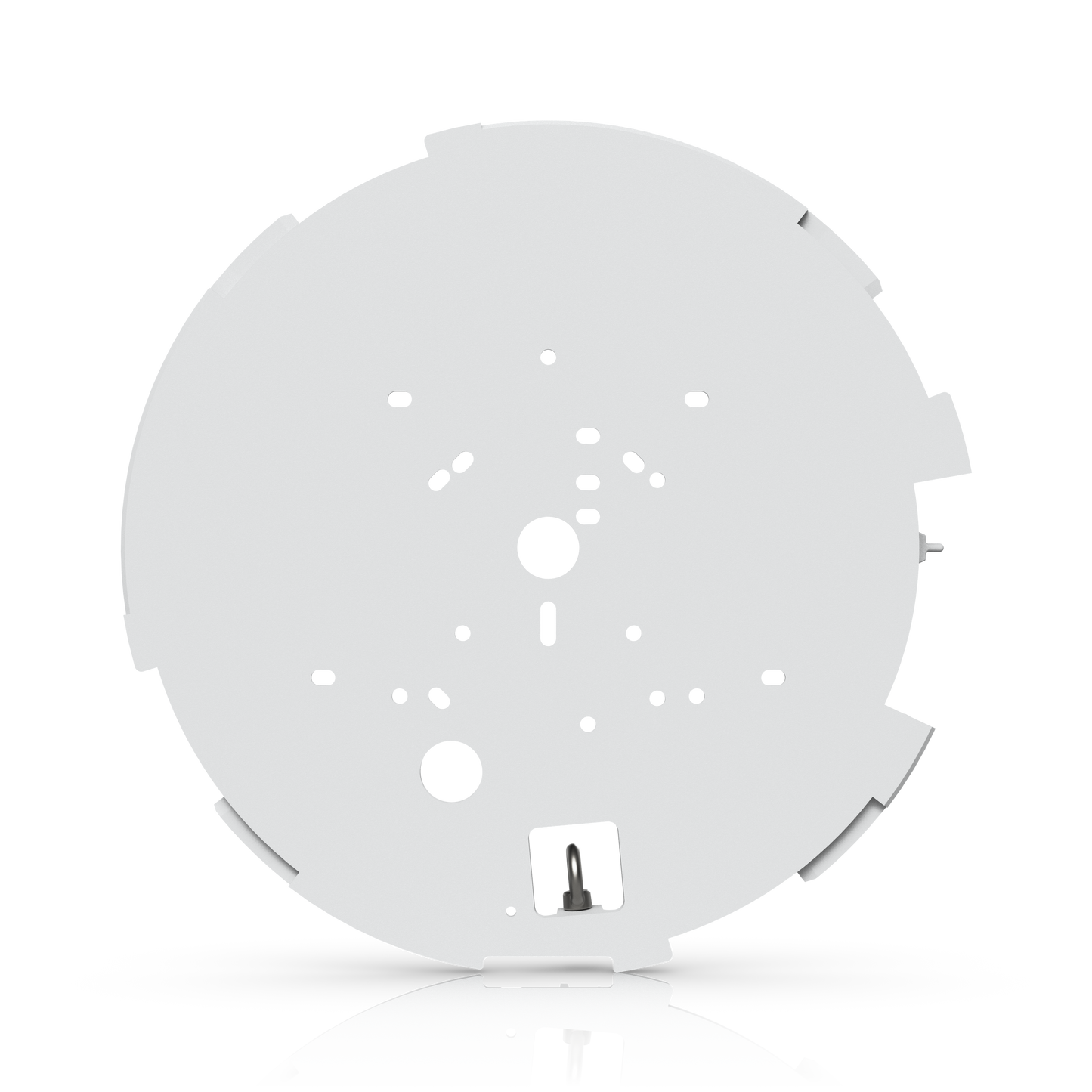 Rear face of the UniFi AI Multi Sensor 4 white mounting plate with installation holes and tether