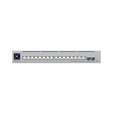 Ubiquiti USW-Pro-Max-16-PoE UniFi Pro Max 16 PoE Layer 3 Switch shown in a three-quarter view with visible ports and connection sockets.