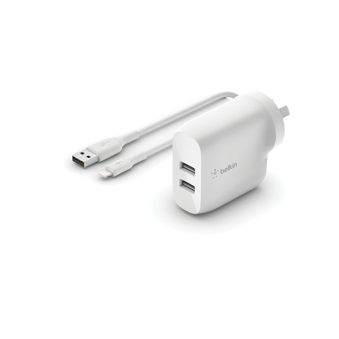 Belkin BoostCharge Dual USB-A Charger 24W with Lightning Cable