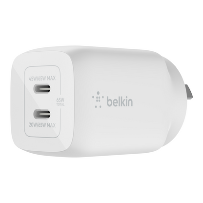 Belkin BoostCharge Pro Dual USB-C GaN Charger 65W in White