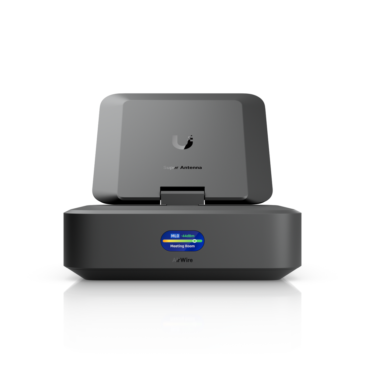 Ubiquiti U-AirWire UniFi AirWire front view with branded Super Antenna panel tilted above the status display