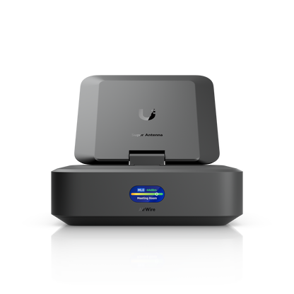 Ubiquiti U-AirWire UniFi AirWire front view with branded Super Antenna panel tilted above the status display