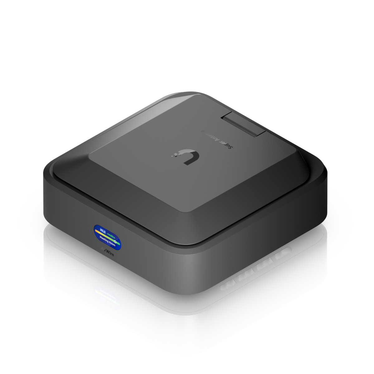 Ubiquiti U-AirWire UniFi AirWire elevated three-quarter view showing folded Super Antenna panel, front display and side vent