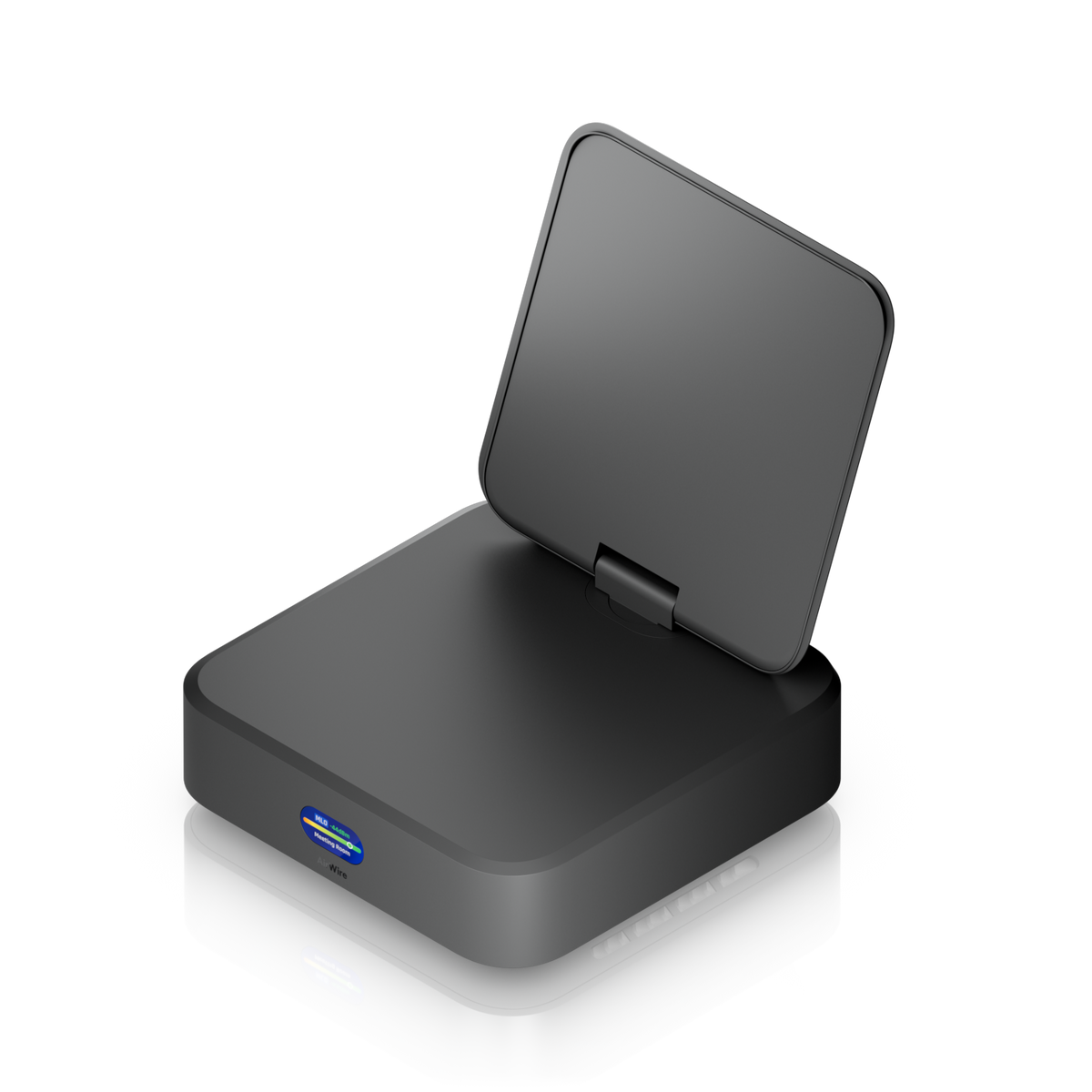 Ubiquiti U-AirWire UniFi AirWire elevated three-quarter view with raised antenna, exposed hinge and front status display
