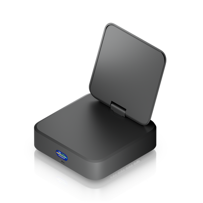 Ubiquiti U-AirWire UniFi AirWire elevated three-quarter view with raised antenna, exposed hinge and front status display