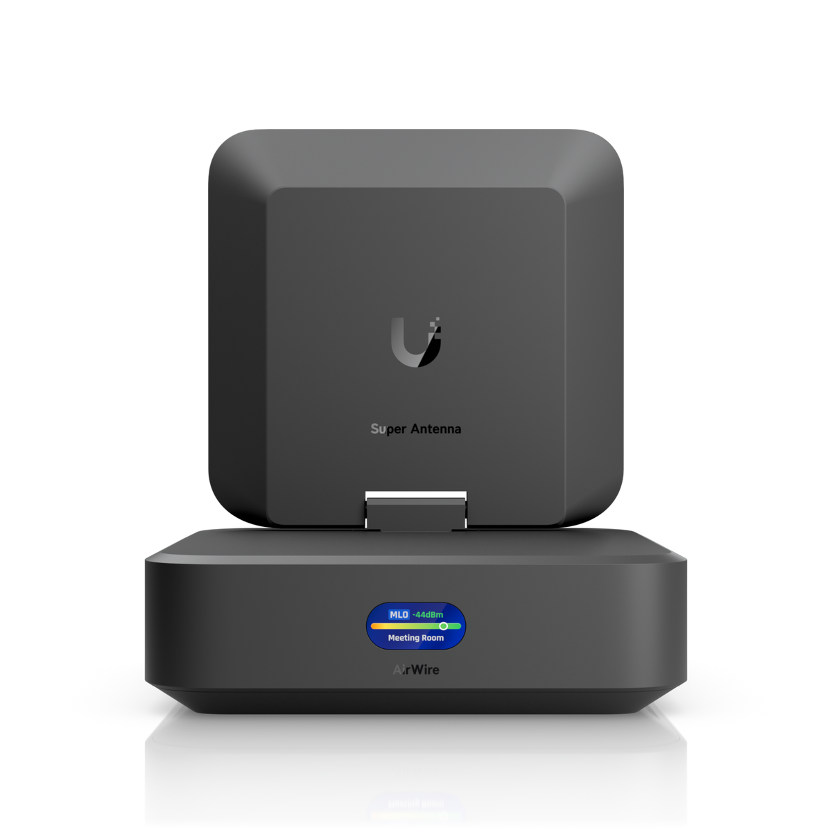 Ubiquiti U-AirWire UniFi AirWire front view with upright panel showing Super Antenna branding above the status display