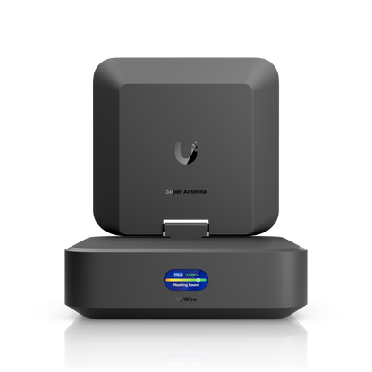 Ubiquiti U-AirWire UniFi AirWire front view with upright panel showing Super Antenna branding above the status display
