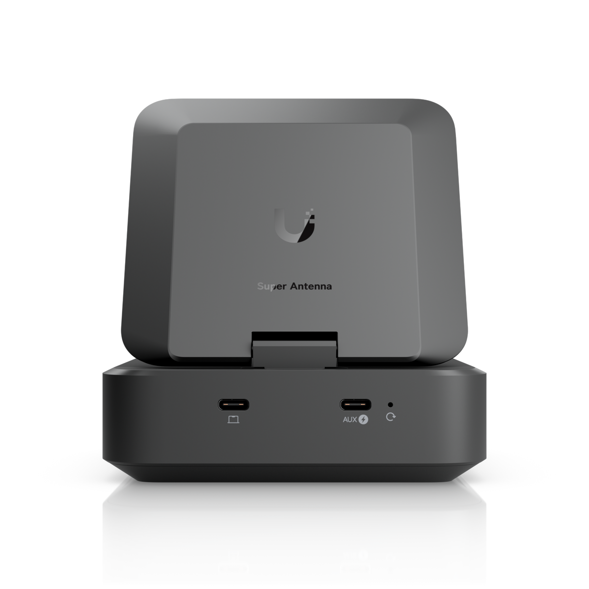 Ubiquiti U-AirWire UniFi AirWire rear view with raised antenna, two USB-C ports and reset button