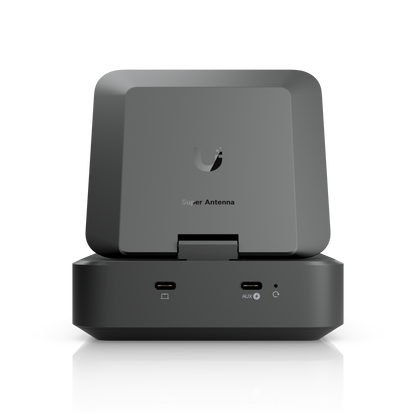 Ubiquiti U-AirWire UniFi AirWire rear view with raised antenna, two USB-C ports and reset button