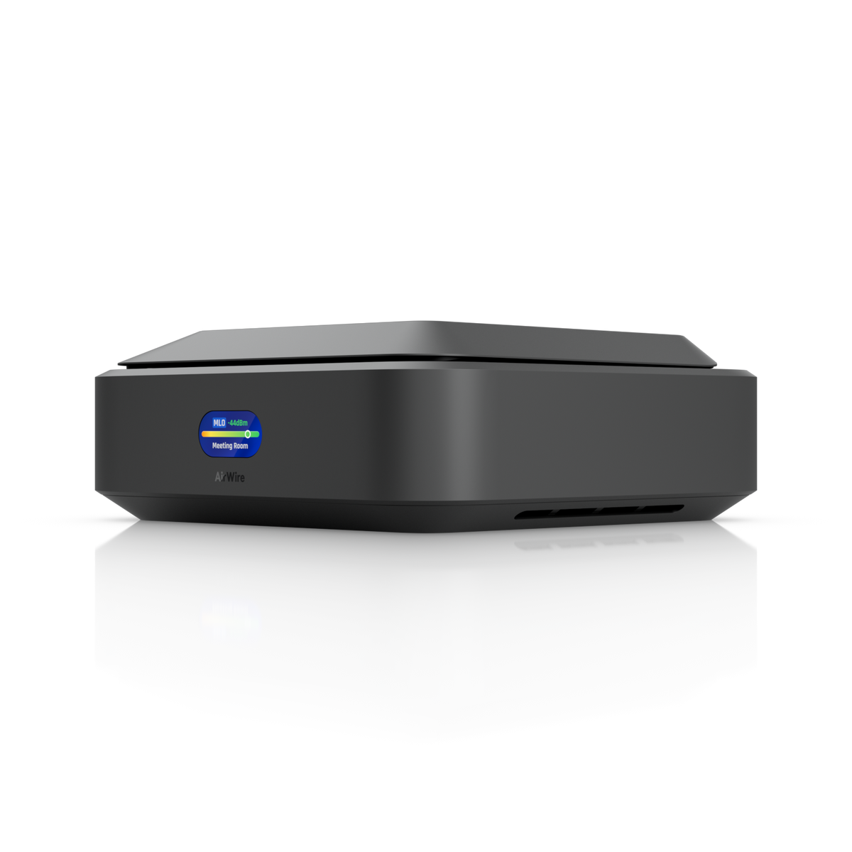 Ubiquiti U-AirWire UniFi AirWire front three-quarter view with folded antenna, status display and side vent