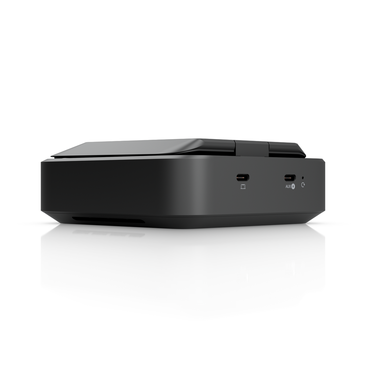 Ubiquiti U-AirWire UniFi AirWire rear three-quarter view with folded antenna, USB-C ports and side ventilation