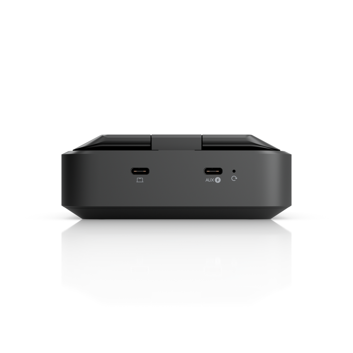 Ubiquiti U-AirWire UniFi AirWire rear view with folded antenna, main and AUX USB-C ports and reset button