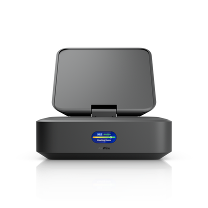 Ubiquiti U-AirWire UniFi AirWire front view with tilted antenna panel and signal strength shown on the status display