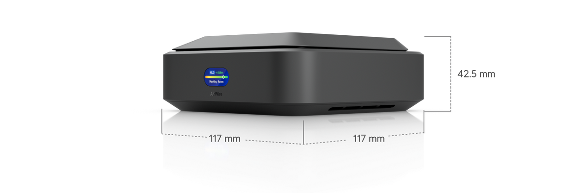 Ubiquiti U-AirWire UniFi AirWire dimensions diagram showing 117mm x 117mm x 42.5mm with the antenna folded
