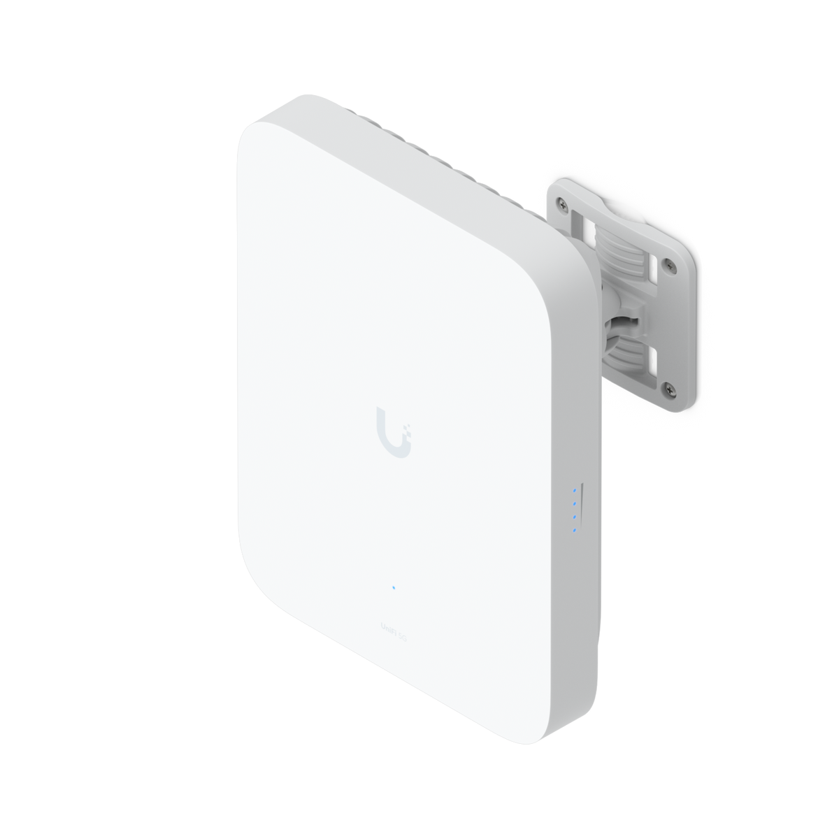 Ubiquiti U5G-Max-Outdoor UniFi 5G Max Outdoor angled front view with an adjustable wall-mount bracket attached behind the housing.