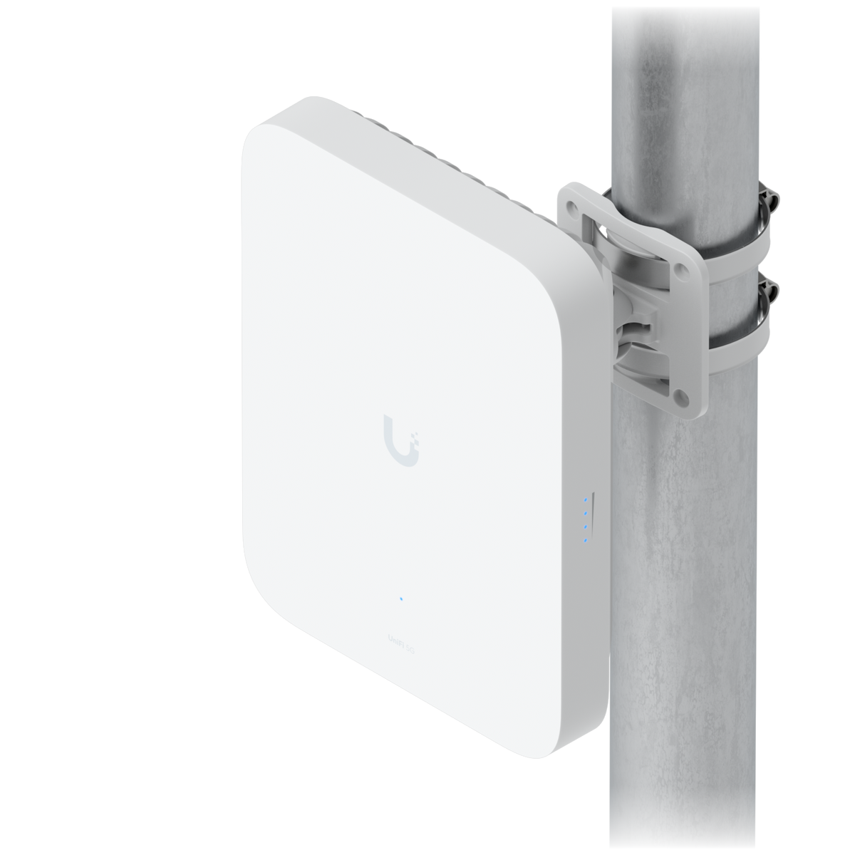 Ubiquiti U5G-Max-Outdoor UniFi 5G Max Outdoor front three-quarter view mounted on a pole with an adjustable bracket and two metal clamps.