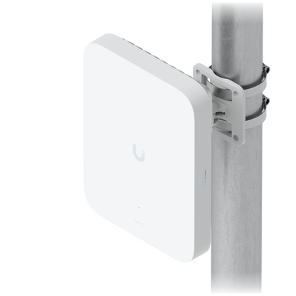 Ubiquiti U5G-Max-Outdoor UniFi 5G Max Outdoor front three-quarter view mounted on a pole with an adjustable bracket and two metal clamps.