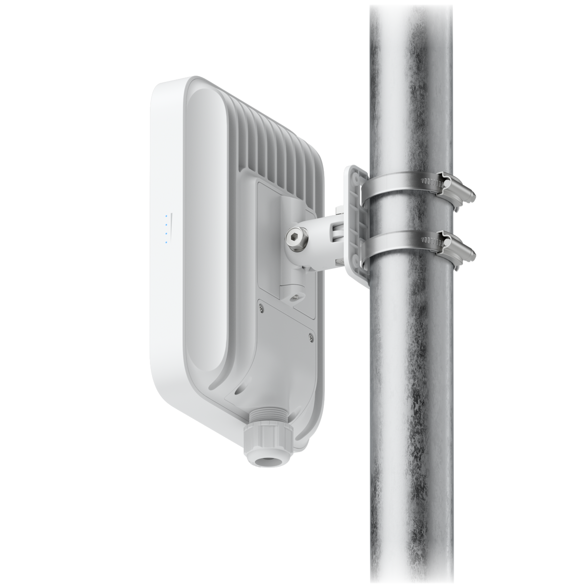 Ubiquiti U5G-Max-Outdoor UniFi 5G Max Outdoor rear three-quarter view showing the pole-mount bracket, twin clamps and bottom cable gland.