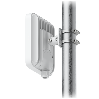 Ubiquiti U5G-Max-Outdoor UniFi 5G Max Outdoor rear three-quarter view showing the pole-mount bracket, twin clamps and bottom cable gland.