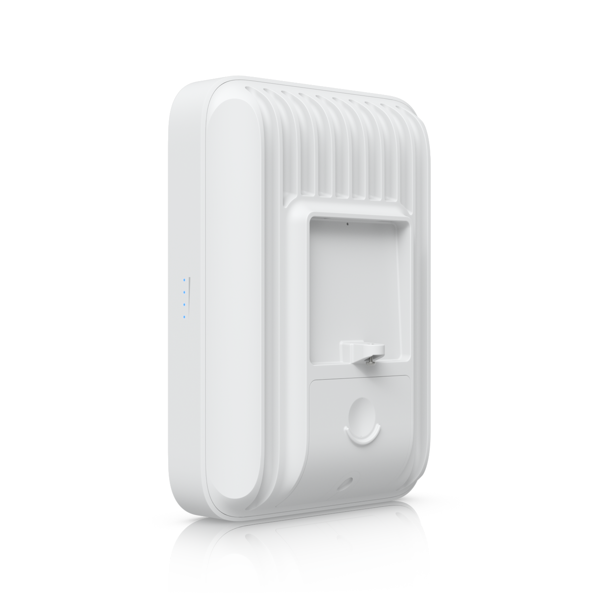 Ubiquiti U5G-Max-Outdoor UniFi 5G Max Outdoor angled rear view showing ribbed housing, mounting recess and closed access cover.