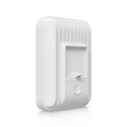 Ubiquiti U5G-Max-Outdoor UniFi 5G Max Outdoor angled rear view showing ribbed housing, mounting recess and closed access cover.