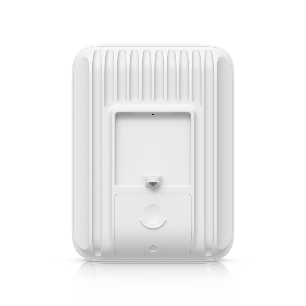 Ubiquiti U5G-Max-Outdoor UniFi 5G Max Outdoor straight rear view showing vertical fins and a central mounting latch above the access cover.