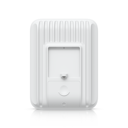 Ubiquiti U5G-Max-Outdoor UniFi 5G Max Outdoor straight rear view showing vertical fins and a central mounting latch above the access cover.