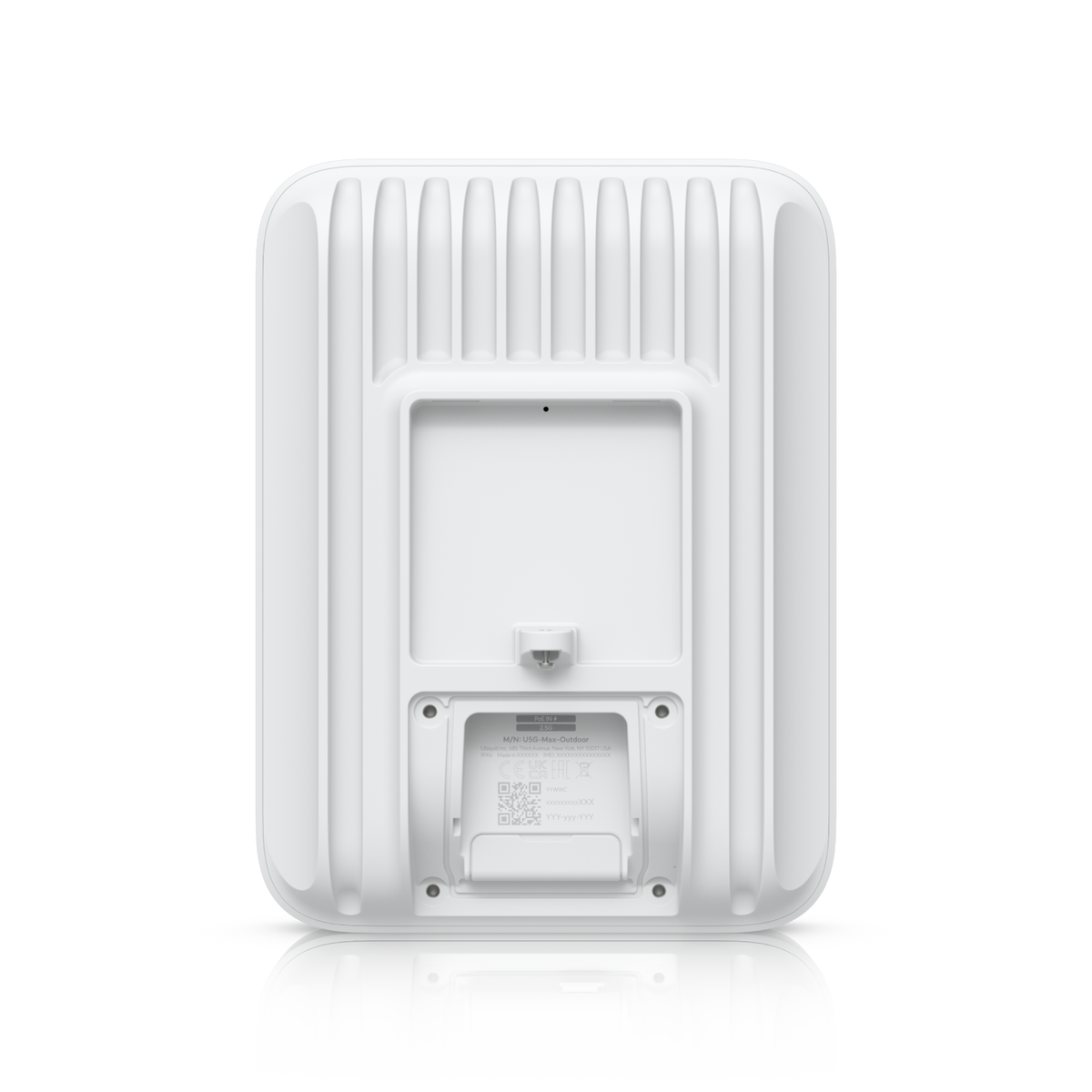 Ubiquiti U5G-Max-Outdoor UniFi 5G Max Outdoor rear view with the access cover removed, revealing the product label and recessed compartment.