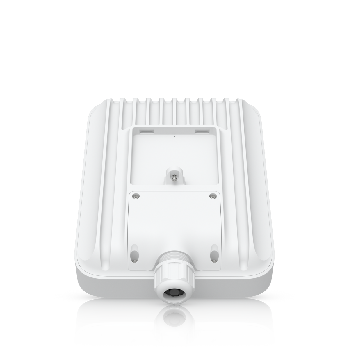 Ubiquiti U5G-Max-Outdoor UniFi 5G Max Outdoor tilted rear view showing the screw-secured connection cover and cable entry gland.