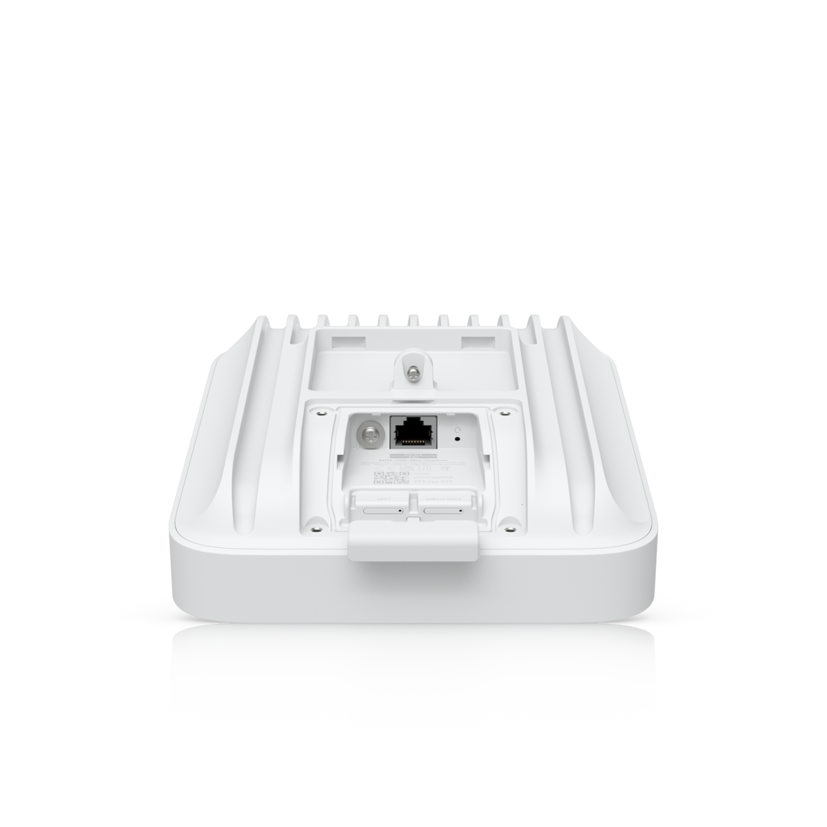 Ubiquiti U5G-Max-Outdoor UniFi 5G Max Outdoor low rear view showing the exposed Ethernet port, reset button and two Nano-SIM trays.