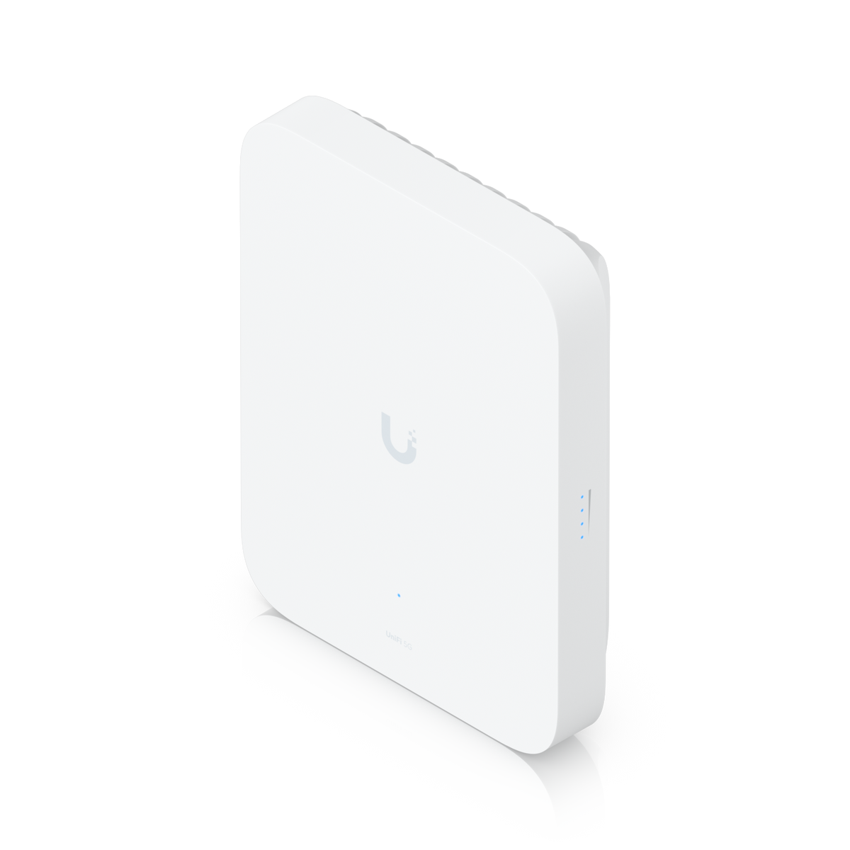 Ubiquiti U5G-Max-Outdoor UniFi 5G Max Outdoor elevated front view showing the top rear fins and illuminated side signal indicators.