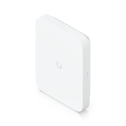 Ubiquiti U5G-Max-Outdoor UniFi 5G Max Outdoor elevated front view showing the top rear fins and illuminated side signal indicators.