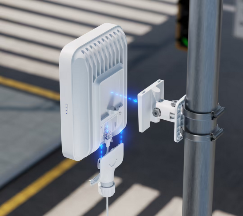Ubiquiti U5G-Max-Outdoor UniFi 5G Max Outdoor exploded rear installation view showing the pole bracket, Ethernet cable and detached cable gland cover.